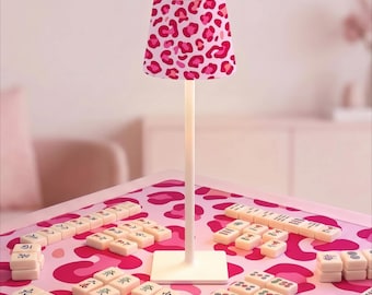 Preppy Pink Leopard Print Mahjong Table Lamp Cordless LED Rechargeable Game Night Lighting Chic Mahjong Decor Gift for Hostess or Players