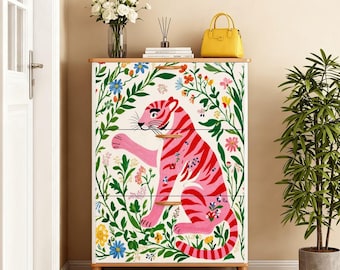 Preppy Chinoiserie Tiger Shoe Storage, Pink Tiger Floral TropicalModern Cabinet, Retro Entryway Organizer