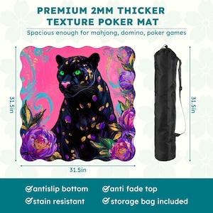 May include: A 80 cm square poker mat featuring a black panther design on a pink background with floral accents. The mat comes with a black storage bag. The mat is 2mm thick, with an anti-slip bottom and anti-fade top.