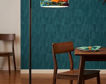 Mid Century Modern Arc Floor Lamp with Remote, Retro 1950s Atomic Owl Lamp Shade, Groovy Reading Light (Made in USA)