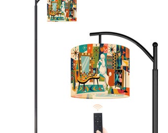 Mid Century Modern Arc Floor Lamp with Remote, Retro 1950s Atomic Poodle Lamp Shade, Groovy Living Room Decor, Standing Light (Made in USA)