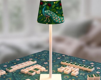 Preppy Chinoiserie Peacock Mahjong Table Lamp Cordless LED Rechargeable Game Night Lighting Chic Mahjong Decor Gift for Hostess or Players