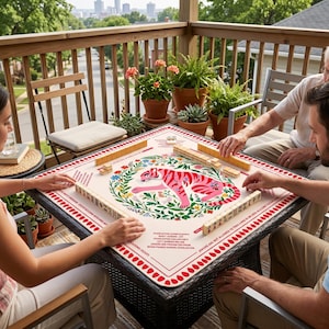 Peut inclure: Une table de jeu de mahjong carr&eacute;e avec une surface de jeu cr&egrave;me, orn&eacute;e d'un motif de tigre rose entour&eacute; d'une couronne florale. La table est install&eacute;e pour un jeu avec des tuiles dispos&eacute;es sur les bords. Des personnes jouent au jeu sur un patio ext&eacute;rieur.