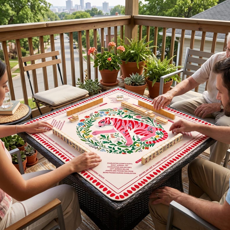 Peut inclure: Une table de jeu de mahjong carr&eacute;e avec une surface de jeu cr&egrave;me, orn&eacute;e d'un motif de tigre rose entour&eacute; d'une couronne florale. La table est install&eacute;e pour un jeu avec des tuiles dispos&eacute;es sur les bords. Des personnes jouent au jeu sur un patio ext&eacute;rieur.