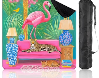Chinoiserie Cheetah Mahjong Mat with Storage Bag Grandmillennial Flamingo Tropical Game Night Tile Game Table Mat Gift for Players or Hosts
