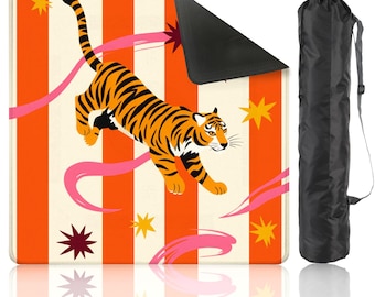 Chinoiserie Mahjong Mat with Carrying Bag Tiger Designed Orange Stripe Game Mat American Mahjong Accessories Mahj Table Mat Mahjong Tile Mat