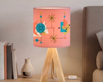 Lámpara de mesa de estilo moderno de mediados de siglo, lámpara de mesita de noche rosa con diseño de estrella atómica, lámpara de escritorio estética para dormitorio, lámpara de mesita de noche trípode con control remoto y 16 colores RGB.