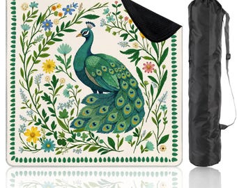 Preppy Chinoiserie Peacock Mahjong Mat with Storage Bag Green Floral Tropical Game Night Tile Game Table Mat Gift for Players or Hosts