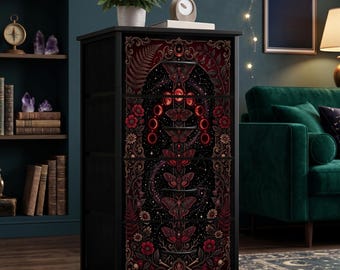 Gothic Dresser with 4 Drawers, Celestial Moth and Moon Phase Chest of Drawers, Witchy Bedroom Decor, Tall Nightstand Storage Tower