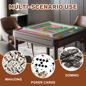 May include: A brown wooden game table with a green and pink flamingo design, surrounded by mahjong tiles, poker cards, and dominoes. The text "MULTI-SCENARIO USE", "MAHJONG", "POKER CARDS", and "DOMINO" are also visible.