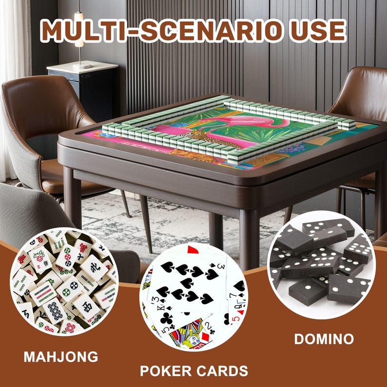 May include: A brown wooden game table with a green and pink flamingo design, surrounded by mahjong tiles, poker cards, and dominoes. The text "MULTI-SCENARIO USE", "MAHJONG", "POKER CARDS", and "DOMINO" are also visible.