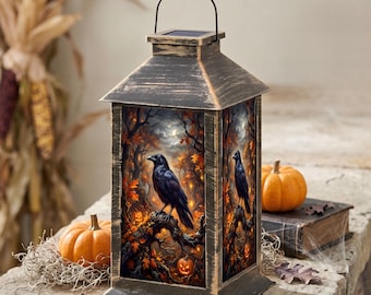 Halloween Solar Lantern Outdoor Decor, Gothic Raven Garden Light, Vintage Fall Porch Decor, Witchy Patio Lantern, Spooky Yard Lighting Gift
