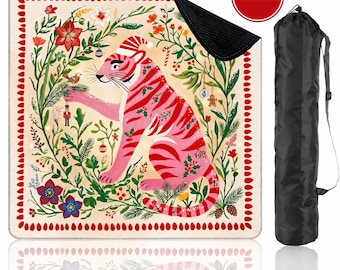 Preppy Chinoiserie Tiger Mahjong Mat with Storage Bag Pink Tiger Floral Christmas Theme Game Night Mahjong Club Gift for Hostess