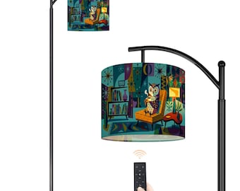 Mid Century Modern Arc Floor Lamp with Remote, Retro 1950s Atomic Owl Lamp Shade, Groovy Reading Light (Made in USA)