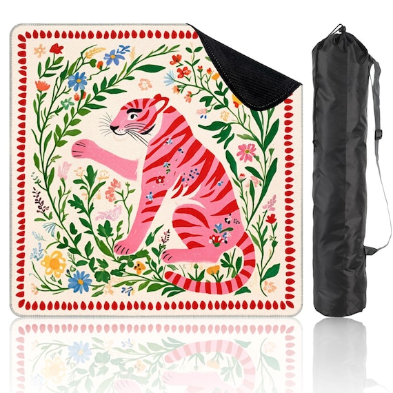 Preppy Chinoiserie Tiger Mahjong Mat with Storage Bag Pink Tiger Floral Tropical Game Night Tile Game Table Mat Gift for Players or Hosts