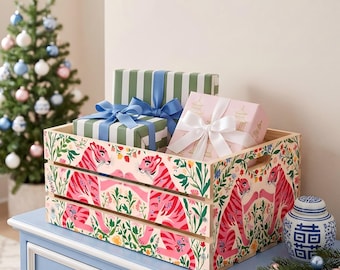 Pink Tiger Floral Wooden Crate, Preppy Grandmillennial Storage Box, Decorative Wood Crate for Nursery, Book Bin, Holiday Gift Basket