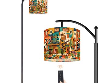 Mid Century Modern Arc Floor Lamp with Remote, Retro Western Atomic Capybara Lamp Shade, Groovy Reading Light Nursery Decor (Made in USA)