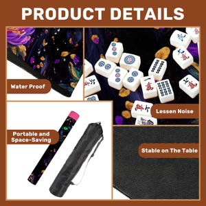 May include: Image of a Mahjong set with tiles featuring Chinese characters and symbols. The set includes a black carrying case and a black mat. The mat is water-proof and stable. The set is portable and space-saving, ideal for travel.