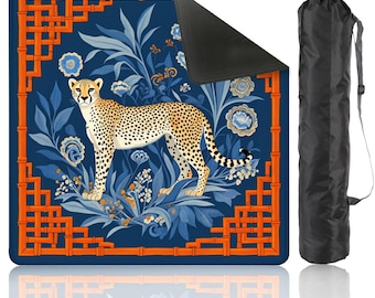 Tapis de mahjong guépard, chinoiseries preppy avec sac de rangement, bleu marine, léopard, jeu tropical nuit, carreau, tapis de table de jeu, cadeau pour les joueurs ou les hôtes