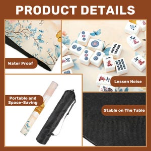 Puede incluir: Imagen de detalles del producto: una estera con estampado floral, fichas de Mahjong blancas, una estera enrollada y una bolsa de transporte negra. El texto incluye "Water Proof", "Portable and Space-Saving", "Lessen Noise" y "Stable on The Table".