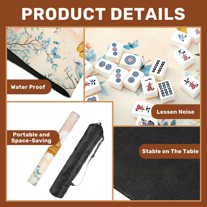 Puede incluir: Imagen de detalles del producto: una estera con estampado floral, fichas de Mahjong blancas, una estera enrollada y una bolsa de transporte negra. El texto incluye "Water Proof", "Portable and Space-Saving", "Lessen Noise" y "Stable on The Table".