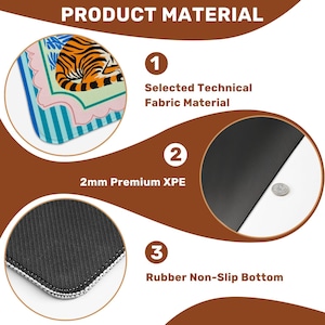 Puede incluir: Imagen que muestra los materiales de una alfombrilla de rat&oacute;n. Destaca un dise&ntilde;o de tigre en la capa superior, una capa intermedia de XPE premium de 2 mm y una base de goma antideslizante. El texto "PRODUCT MATERIAL" est&aacute; en la parte superior.