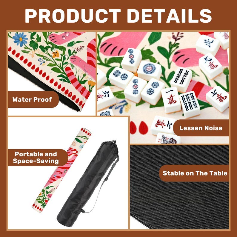 May include: Product details of a Mahjong set. The image shows a floral patterned mat, white tiles with Chinese characters, and a black carrying case. The mat is labeled "Water Proof" and "Stable on The Table". The set is "Portable and Space-Saving".