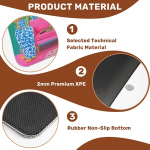 May include: Product material graphic with three sections. Section 1: Selected Technical Fabric Material. Section 2: 2mm Premium XPE. Section 3: Rubber Non-Slip Bottom. The image also shows a colorful illustration of a room.