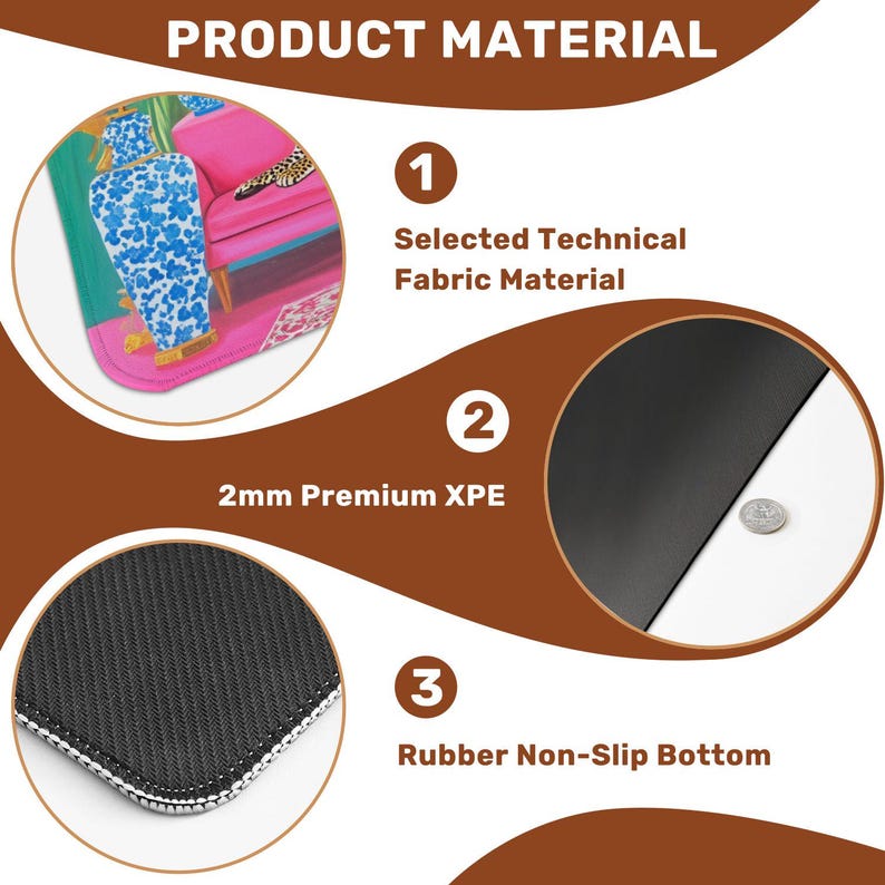 May include: Product material graphic with three sections. Section 1: Selected Technical Fabric Material. Section 2: 2mm Premium XPE. Section 3: Rubber Non-Slip Bottom. The image also shows a colorful illustration of a room.
