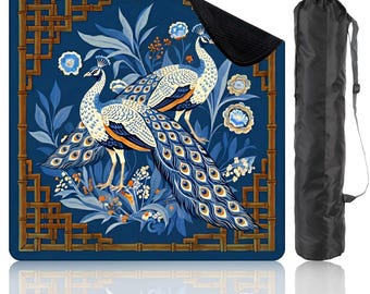 Preppy Chinoiserie Peacock Mahjong Mat with Storage Bag Navy Blue Tropical Game Night Tile Game Table Mat Gift for Players or Hosts