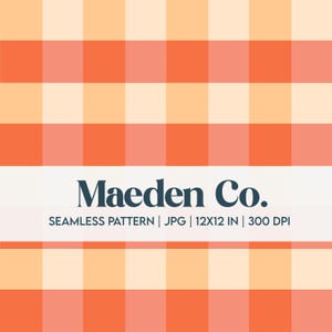 May include: A seamless gingham pattern in orange, peach, and cream. The design includes the text "Maeden Co." on a white banner, with file details: seamless pattern, JPG, 30.48cm x 30.48cm, and 300 DPI.