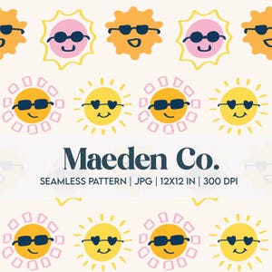 May include: A seamless pattern featuring repeating illustrations of smiling suns wearing sunglasses. The suns are yellow and orange with black sunglasses and pink or yellow outlines. The text "Maeden Co." is displayed below the pattern.