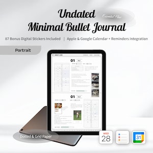 Puede incluir: Un diario de viñetas minimalista sin fecha mostrado en una tableta. La pantalla muestra un diseño de registro diario con papel punteado y cuadriculado. El texto incluye "Undated Minimal Bullet Journal" y "87 Bonus Digital Stickers Included".