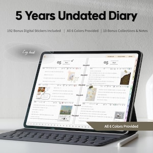 Może przedstawiać: Cyfrowy tablet wyświetlający 5-letni dziennik bez daty. Ekran pokazuje układ planera ze zdjęciami i notatkami. Tekst na ekranie zawiera "05" i "Log book". Tablet znajduje się na klawiaturze z rysikiem.
