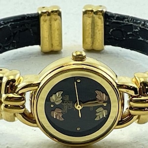 Black Hills Gold Ladies Watch 12K Gold Leaves Black CUFF 
