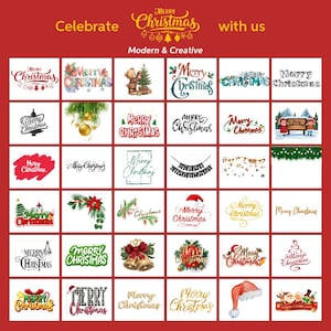 May include: A red background with the words "Celebrate Christmas with us" and "Modern & Creative." The image features various Christmas-themed logos and designs, including text and illustrations.