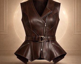 Chaleco de cuero marrón hecho a mano para mujer, top tipo corsé con peplum, chaleco motero con cremallera asimétrica