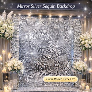 May include: A silver sequin backdrop for events. The wall is made of 64 panels, each measuring 12" x 12", and the entire wall is 8FT x 8FT. The backdrop is suitable for weddings, baby showers, parties, and home decor.