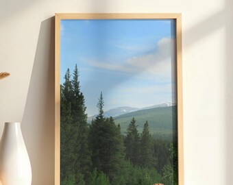 以下が含まれることがあります： 青い空と雲の下に、高い緑の木々がある森の風景が描かれた額入りのプリント。 フレームは明るい色の木材です。 白い花瓶と松ぼっくりがフレームの前の棚にあります。