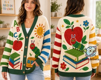 Cardigan pour enseignant The Hungry Caterpillar, cardigan d'écolier personnalisé, conception de livre ABC Apple, cadeau pour enseignant du primaire