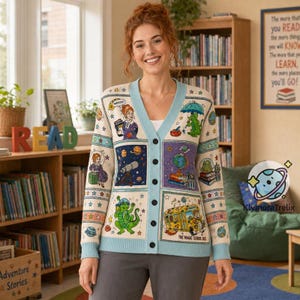 Cardigan de professeur de bus scolaire magique, pull en tricot Mme Frizzle mignon, cadeau de rentrée de professeur de sciences, cadeau de remerciement pour éducateur STEM