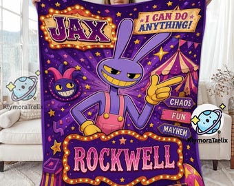 Gepersonaliseerde fleece deken met circusfiguur Jax, deken met gepersonaliseerde naam als verjaardagscadeau, knusse beddengoed verjaardagscadeaus