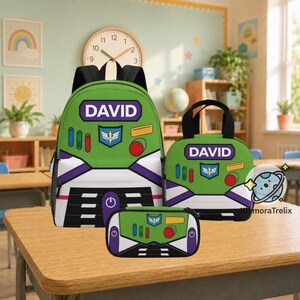 Gepersonaliseerde Buzz Lightyear rugzakset, schooltas met speelgoedvriendjes, lunchbox en etui voor zoon/dochter, cadeau voor hem/haar voor de start van het schooljaar