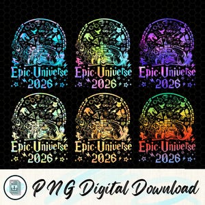 Könnte beinhalten: Sechs farbenfrohe digitale Designs mit dem Text "Epic Universe 2026". Jedes Design zeigt ein Schloss, Drachen und andere Fantasy-Elemente, mit der Aufschrift "PNG Digital Download" am unteren Rand.
