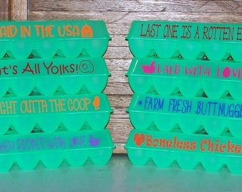 Reusable Plastic Egg Carton with funny sayings, colorful lettering