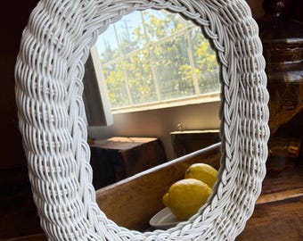 Vintage White Wicker Wall Mirror | Oval Coastal Cottage Mirror | French Country Decor