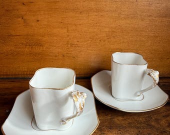 Vintage French Demitasse Cup & Saucer Set of 2 | French Porcelain Espresso Cups | Sculptural