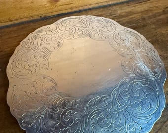 Vintage Silver-Plated Trivet with Floral Scrollwork | Etched Metal Hot Plate | Cottage Kitchen Decor