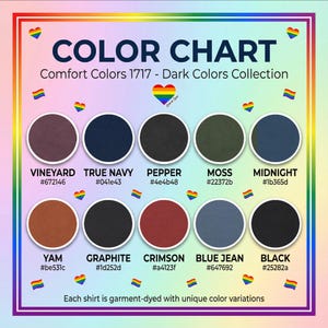 Puede incluir: Carta de colores que muestra la colecci&oacute;n Comfort Colors 1717 - Dark Colors. La carta muestra diez muestras de color circulares, incluyendo Vineyard, True Navy, Pepper, Moss, Midnight, Yam, Graphite, Crimson, Blue Jean y Black, cada una con un c&oacute;digo hexadecimal.