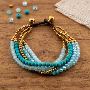 Turquoise Five-Strand Bracelet for Women, Thai Glass and Stone Beads, Monk Blessed | Artisan Lagoon